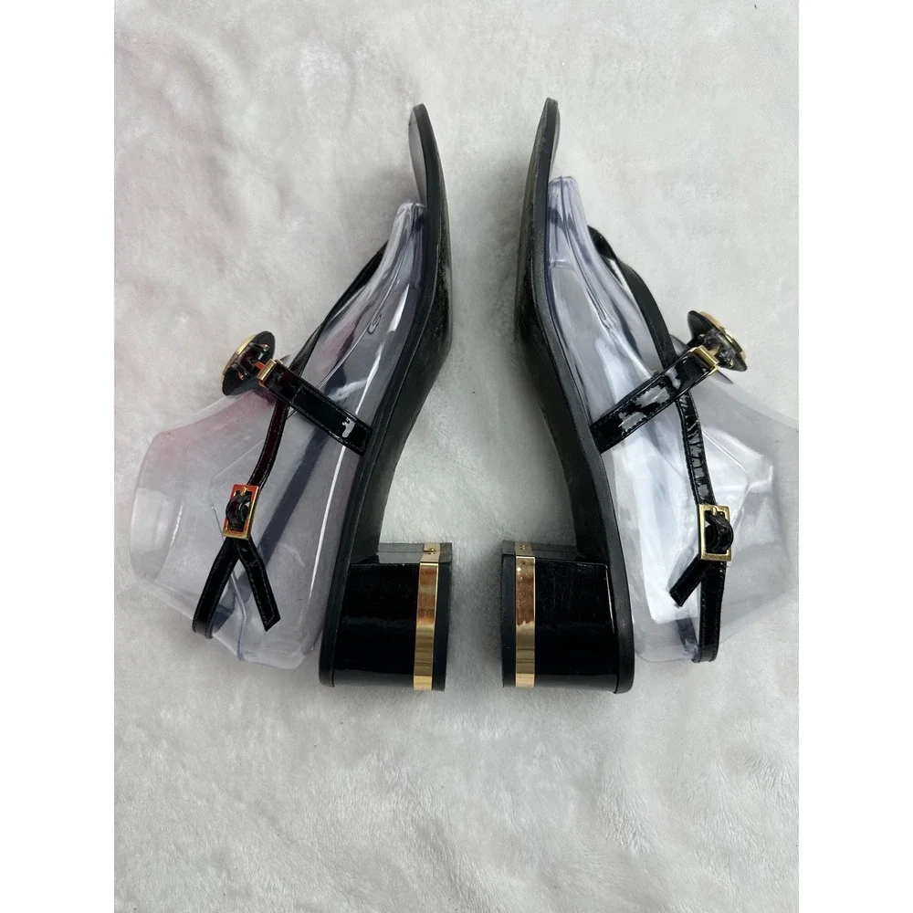 Tory Burch Block Heel Sandals Womens 9.5M Black Good Patent Leather Logo Thong